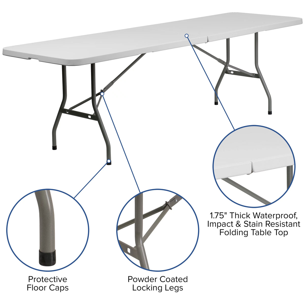8' Bi-Fold Granite White Plastic Folding Table Set with 10 Folding Chairs E9145