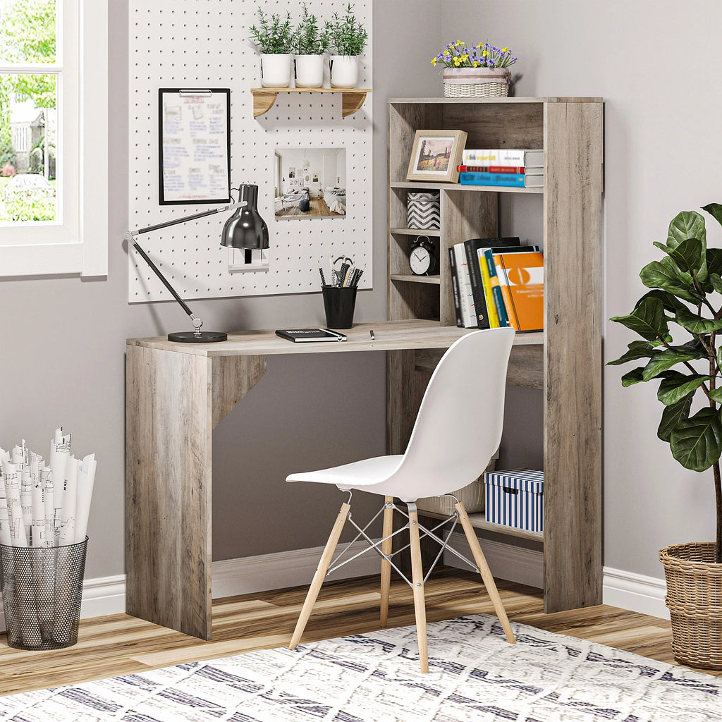Grey Computer Desk with Hutch and Storage Shelves L28827