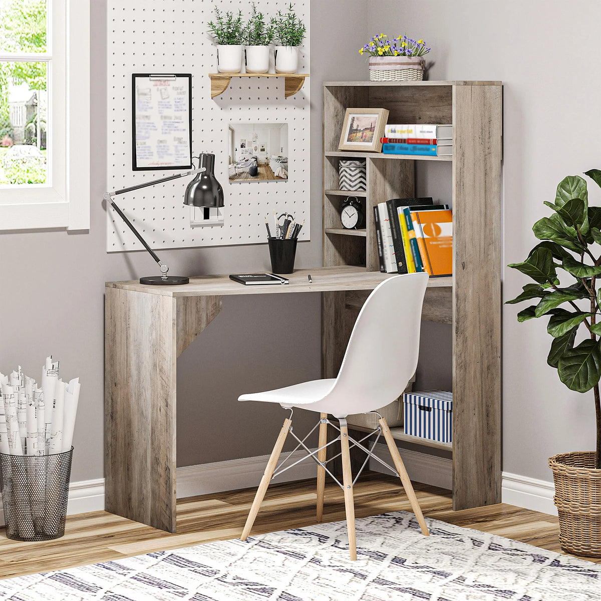 Grey Computer Desk with Hutch and Storage Shelves L28827