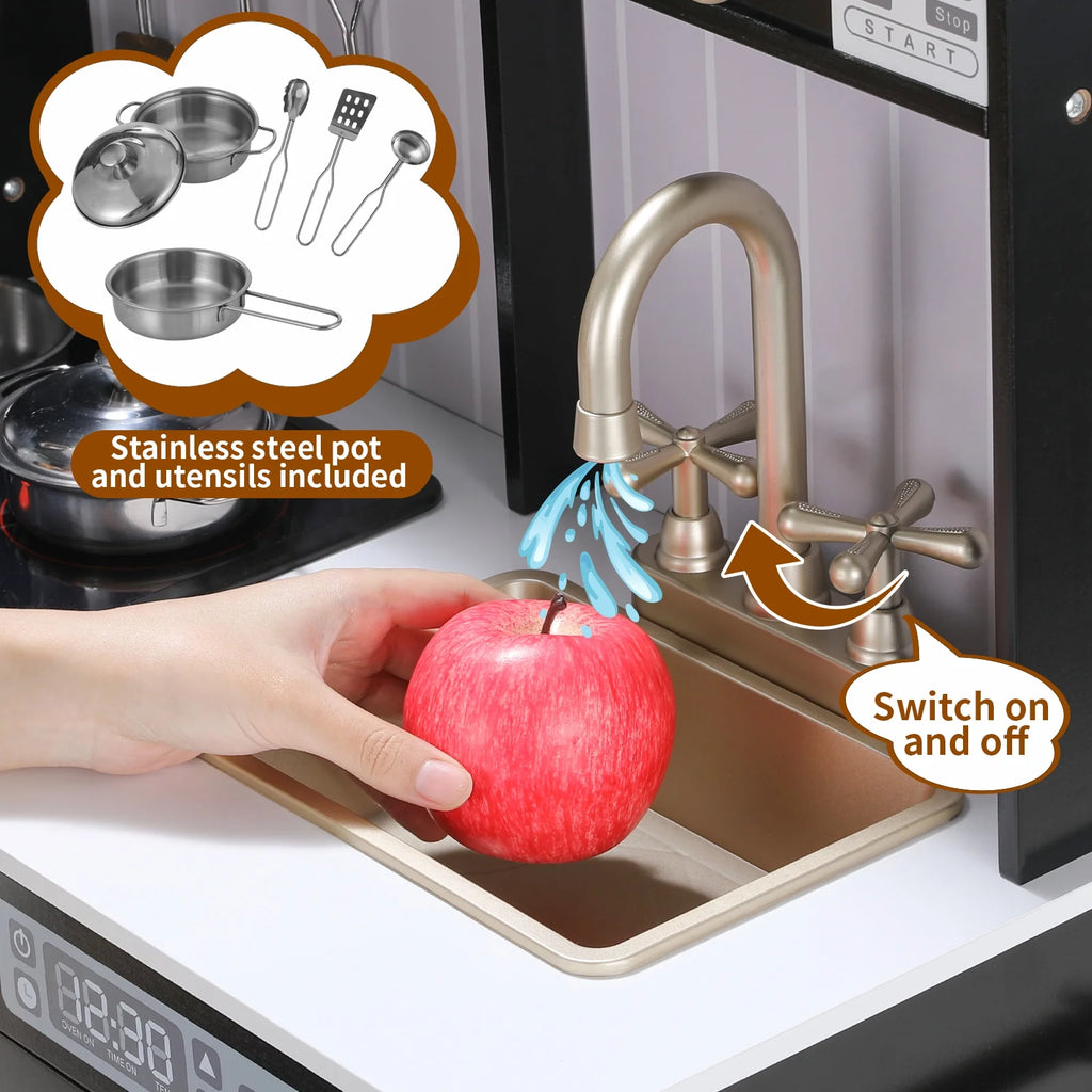 Wooden Pretend Play Kitchen with Telephone, Sink, Cooking Accessories J1911