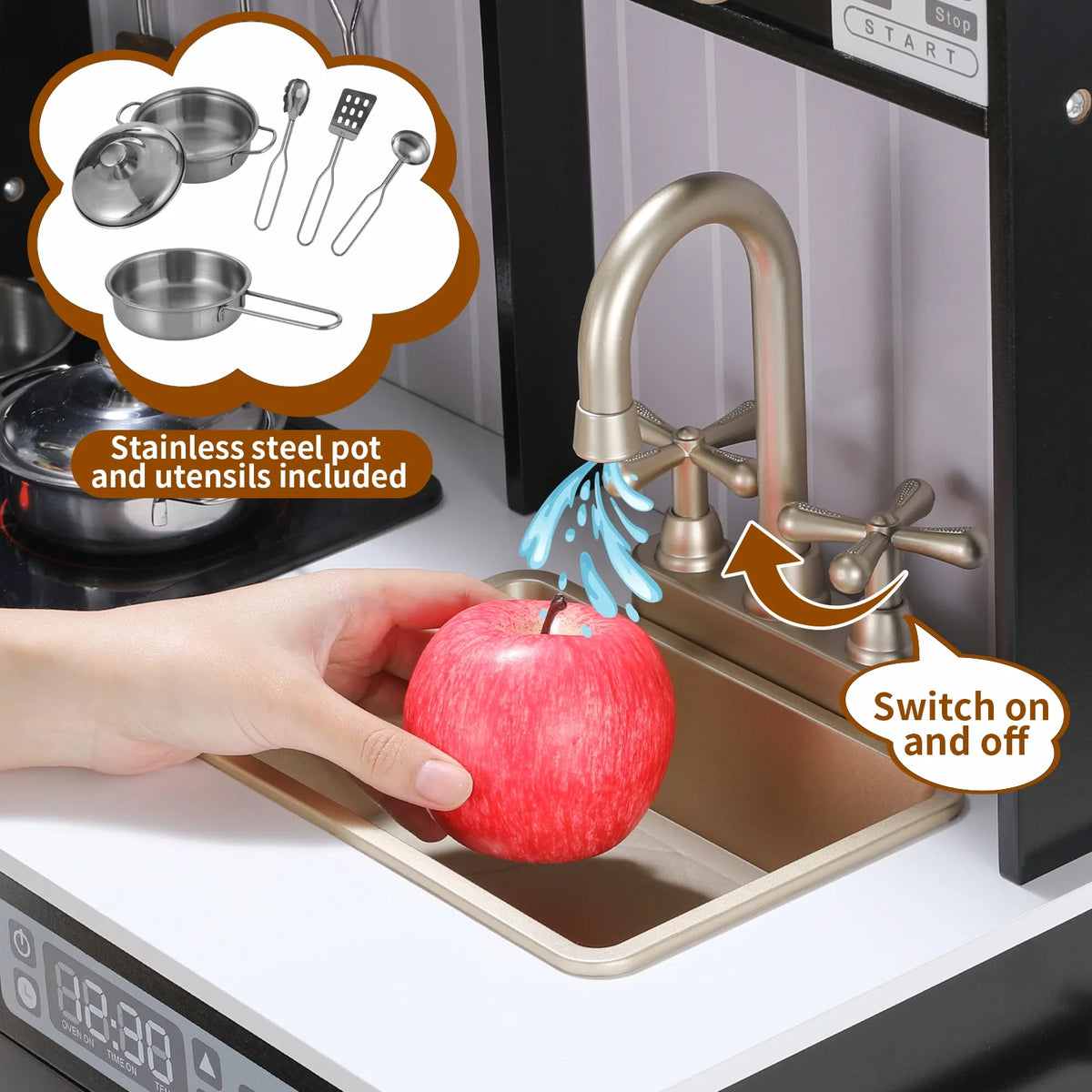 Wooden Pretend Play Kitchen with Telephone, Sink, Cooking Accessories J1911