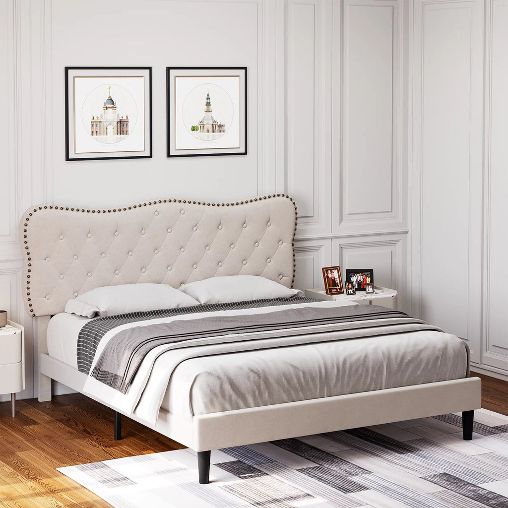 Queen Size Black Linen Upholstered Platform Bed with Adjustable Headboard L55702