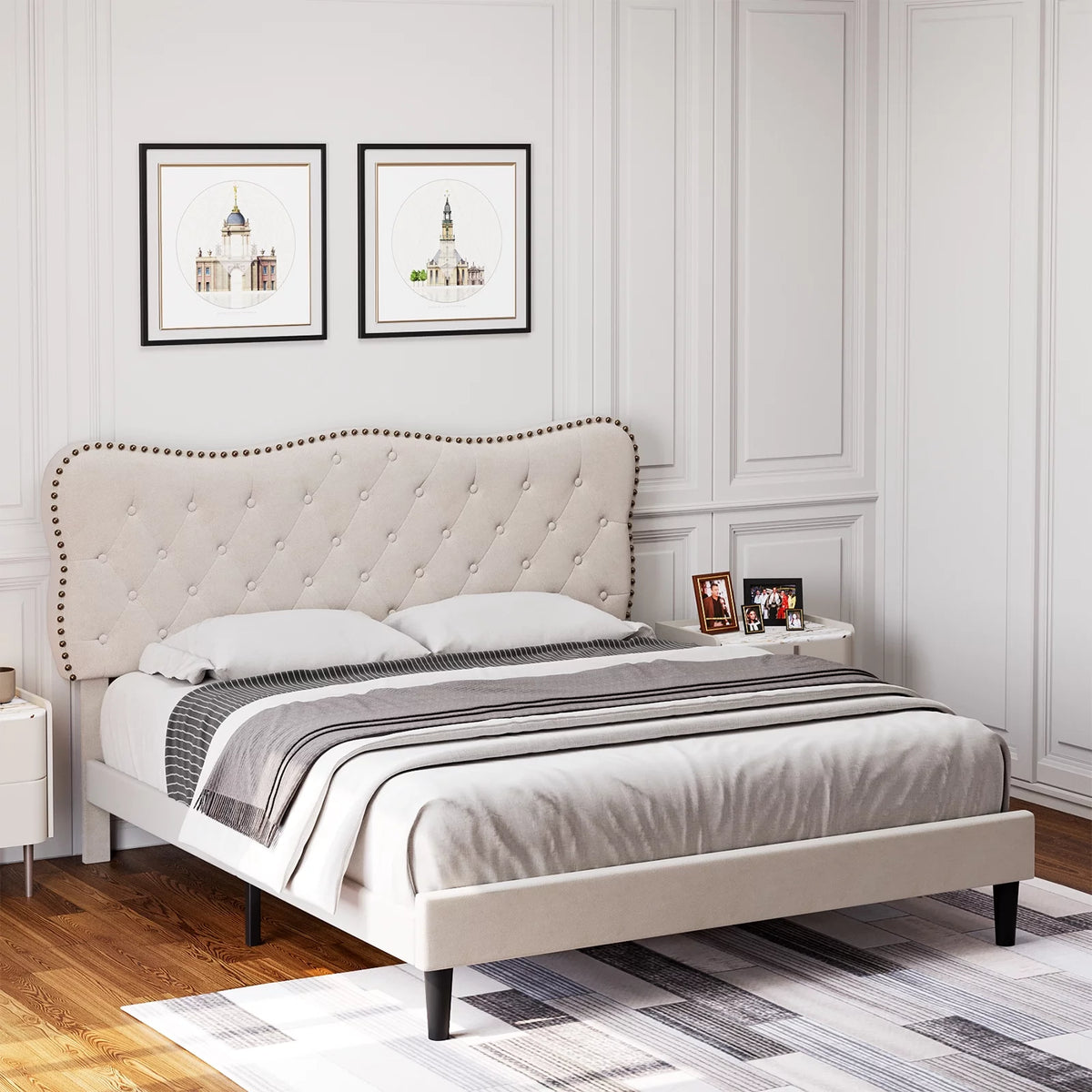 Queen Size Black Linen Upholstered Platform Bed with Adjustable Headboard L55702