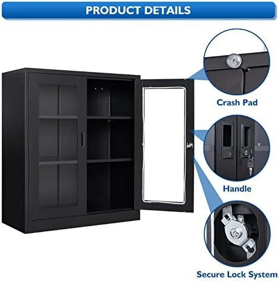 Metal Locking Cabinet with 2 Glass Doors and 4 Adjustable Shelves Y877713