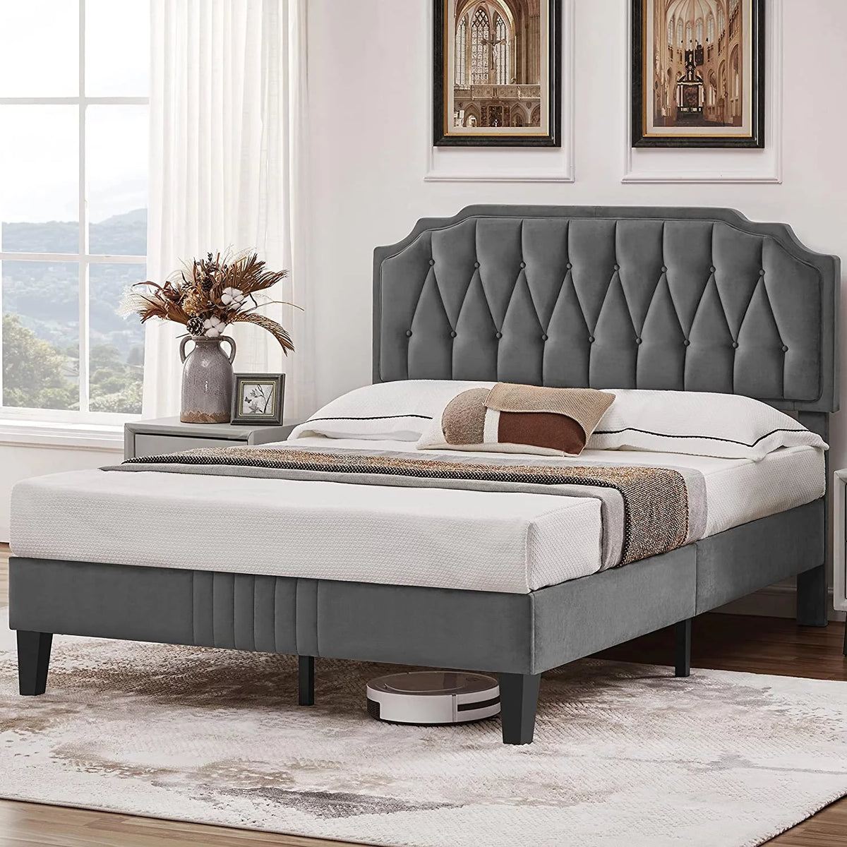 Velvet Upholstered Platform Bed with Curved Headboard Dark Gray Full Bed S38430