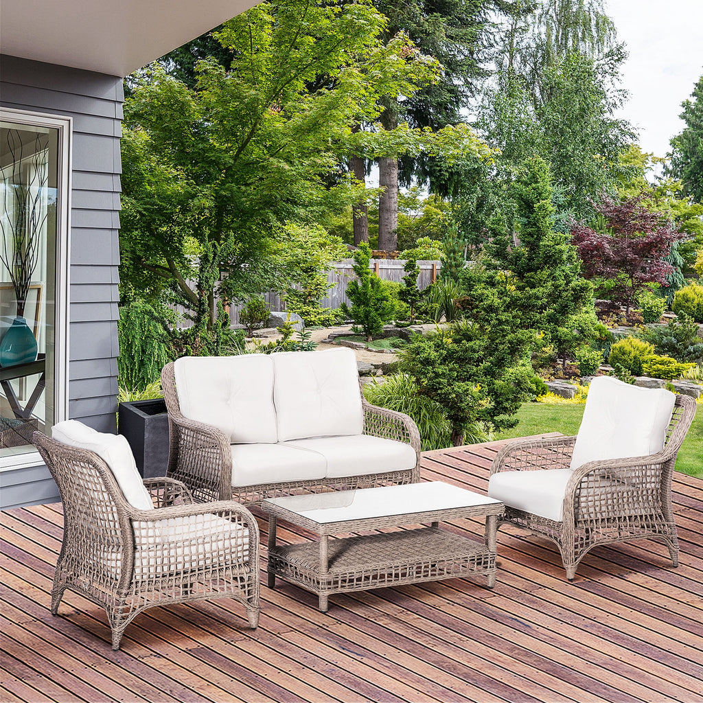 4pc Outdoor Patio Furniture Set with Rattan Chairs, Wicker Loveseat Sofa, Coffee Table and Cushions D5253