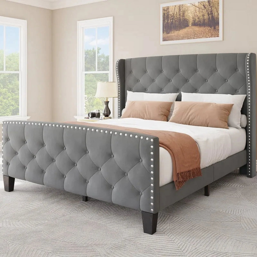 Queen Size Grey Velvet Upholstered Platform Bed Frame S583