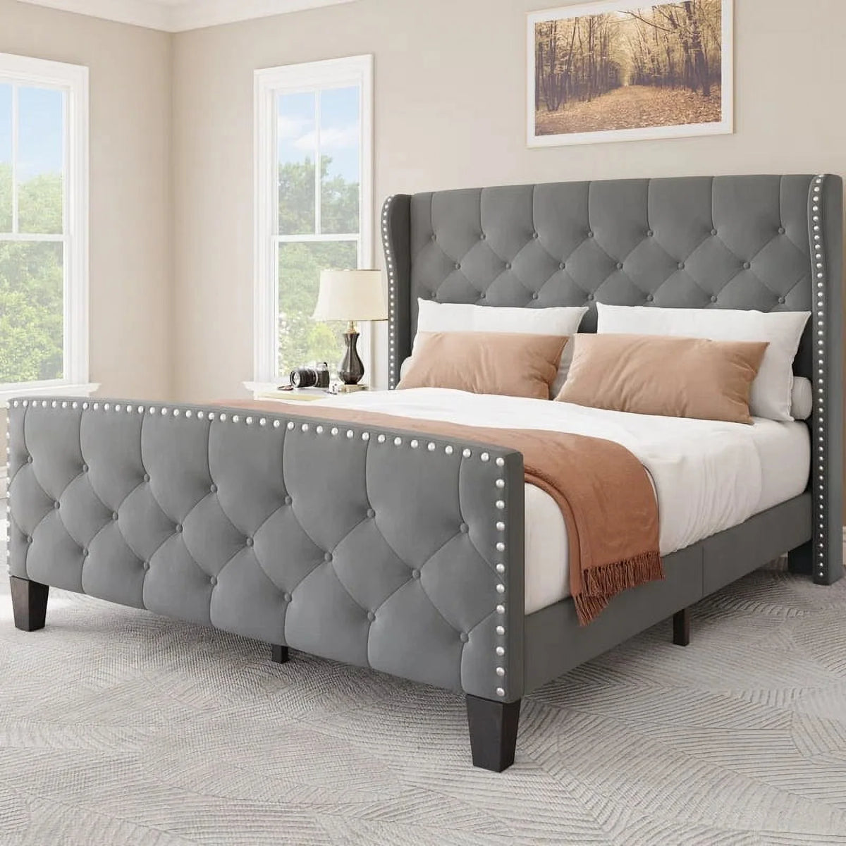 Queen Size Grey Velvet Upholstered Platform Bed Frame S583
