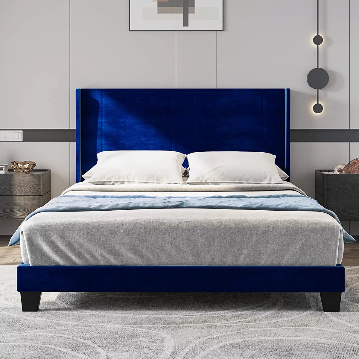 Navy Blue Velvet Upholstered Platform Bed Full N686