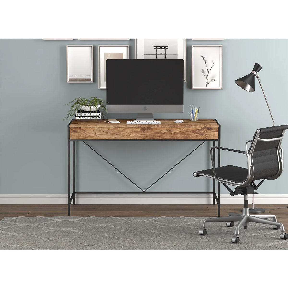 49"L 2-Drawers Black Metal Computer Desk P892
