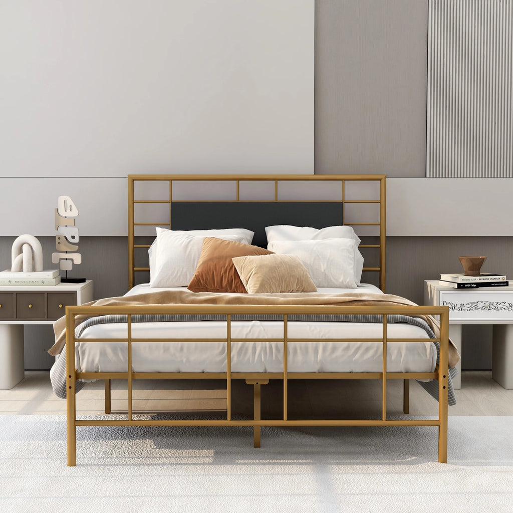 Queen Size Black Metal Platform Bed Frame with Leather Upholstered Headboard Z536791