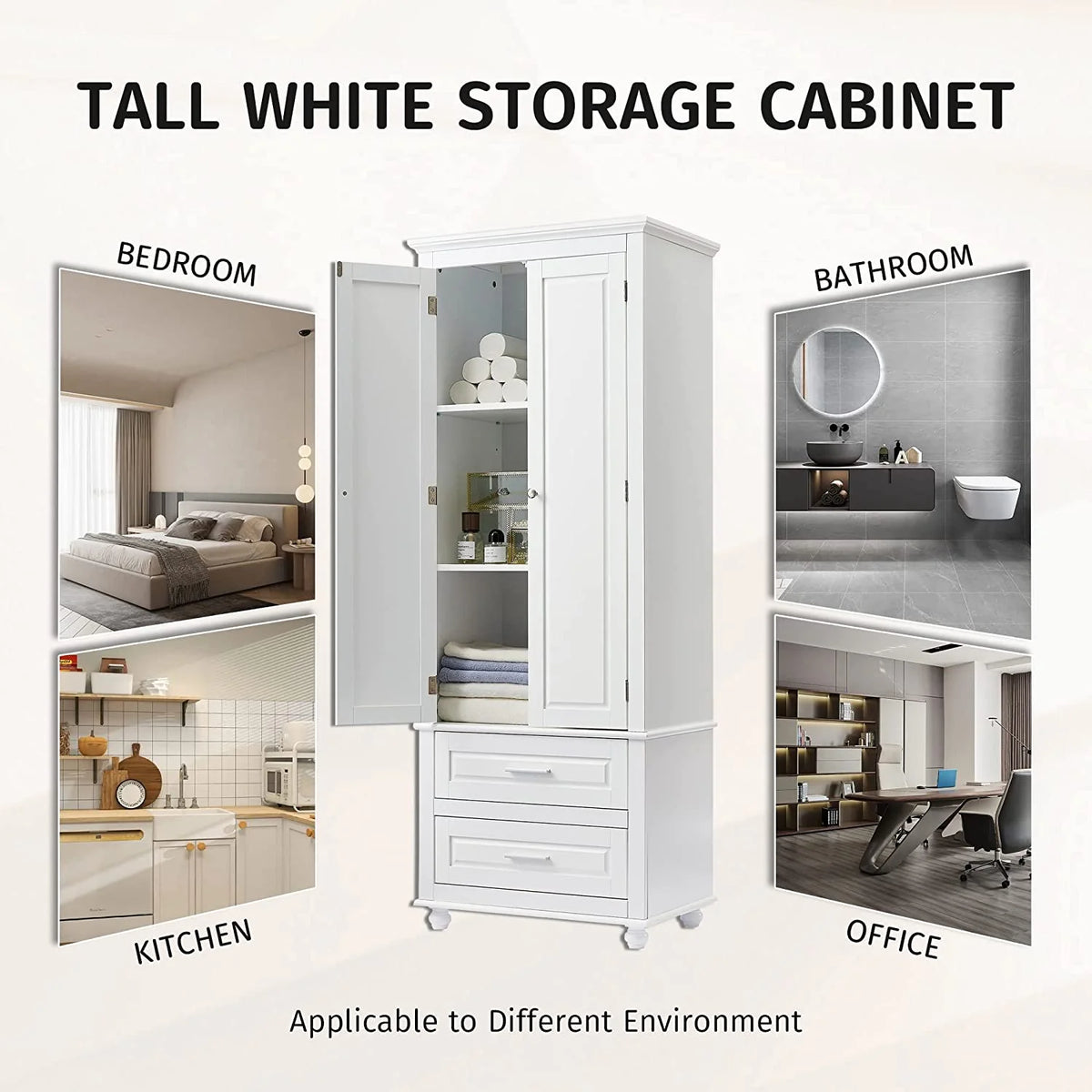 White Storage Cabinet with Doors and 2 Drawers N169