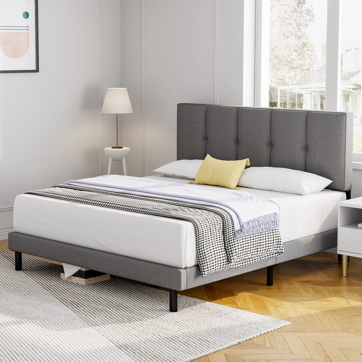 Full Size Bed Frame with Upholstered Headboard and Wooden Slats L58784