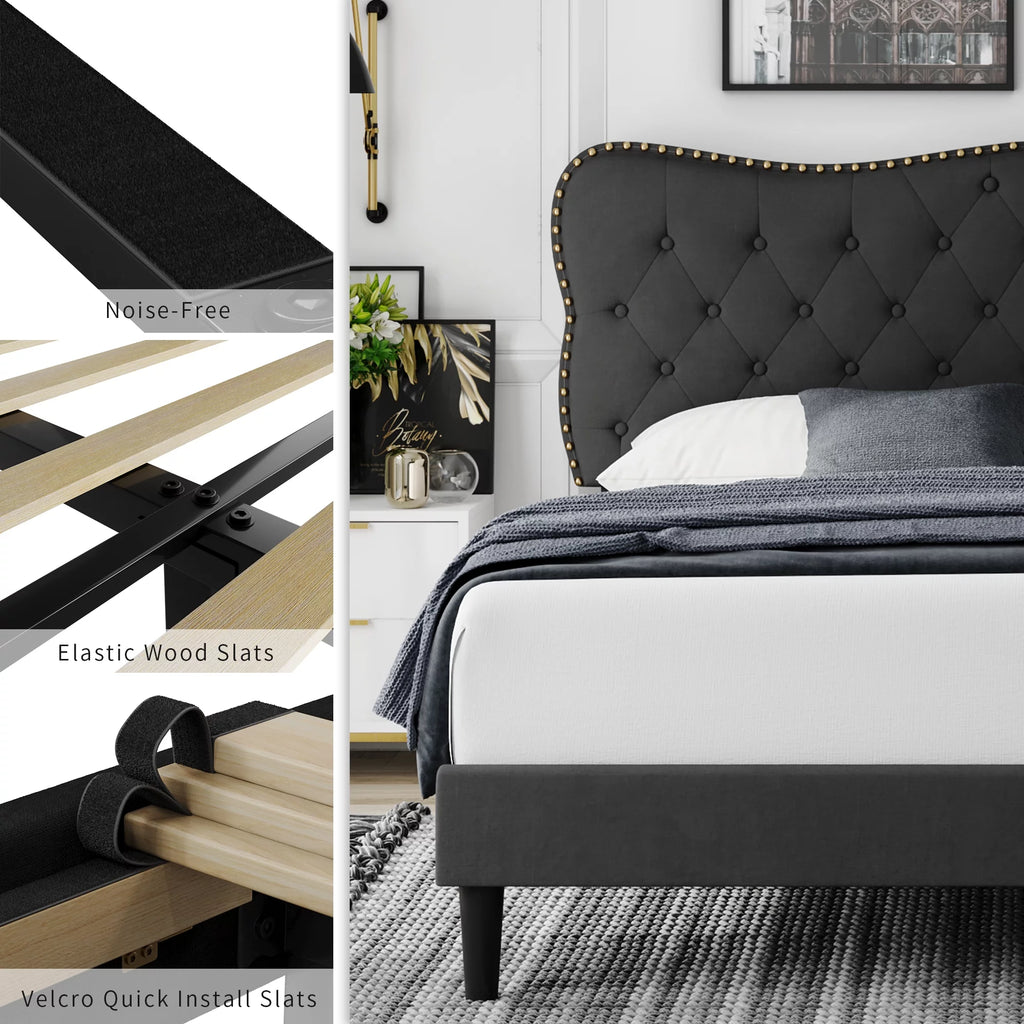 Queen Size Black Linen Upholstered Platform Bed with Adjustable Headboard L55702