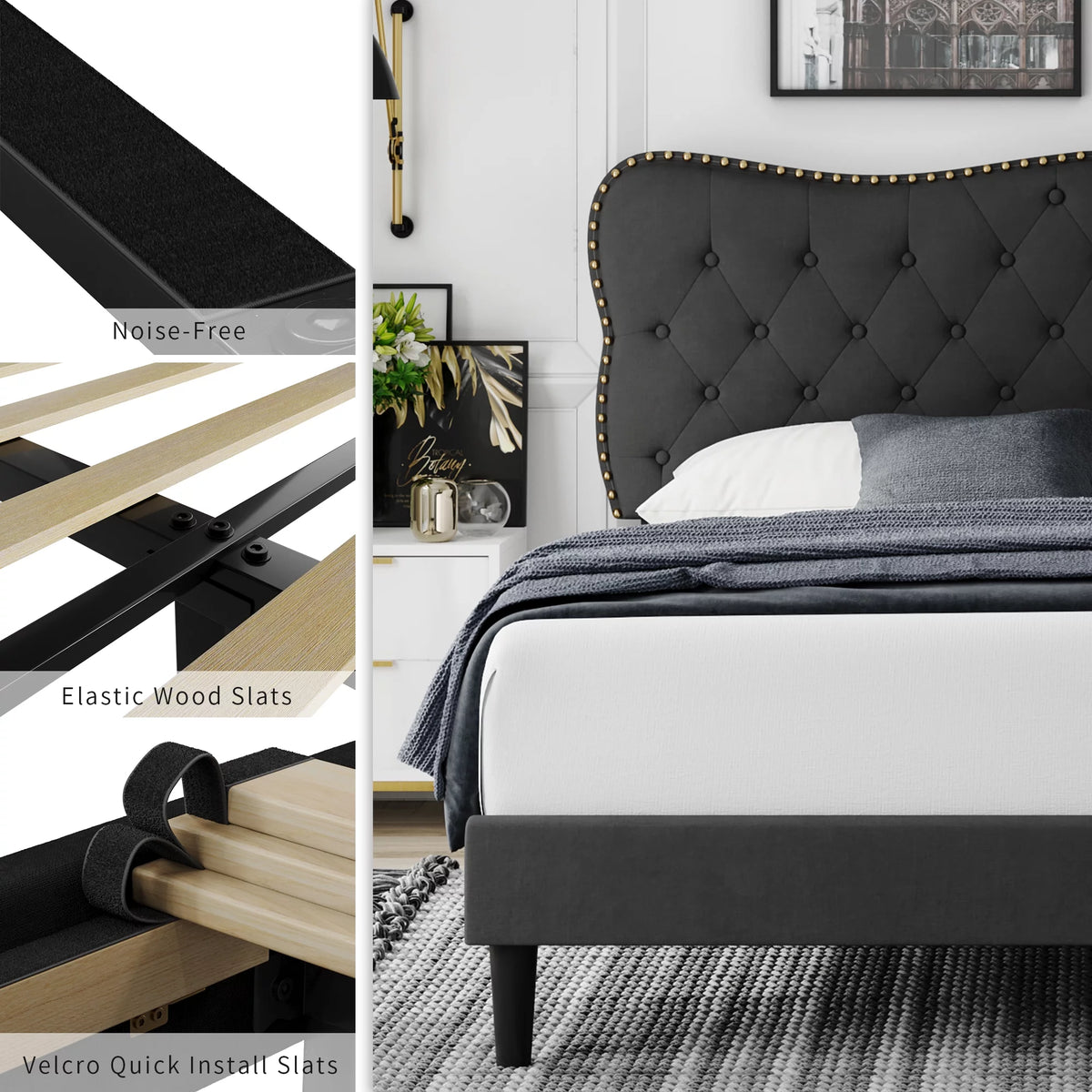 Queen Size Black Linen Upholstered Platform Bed with Adjustable Headboard L55702