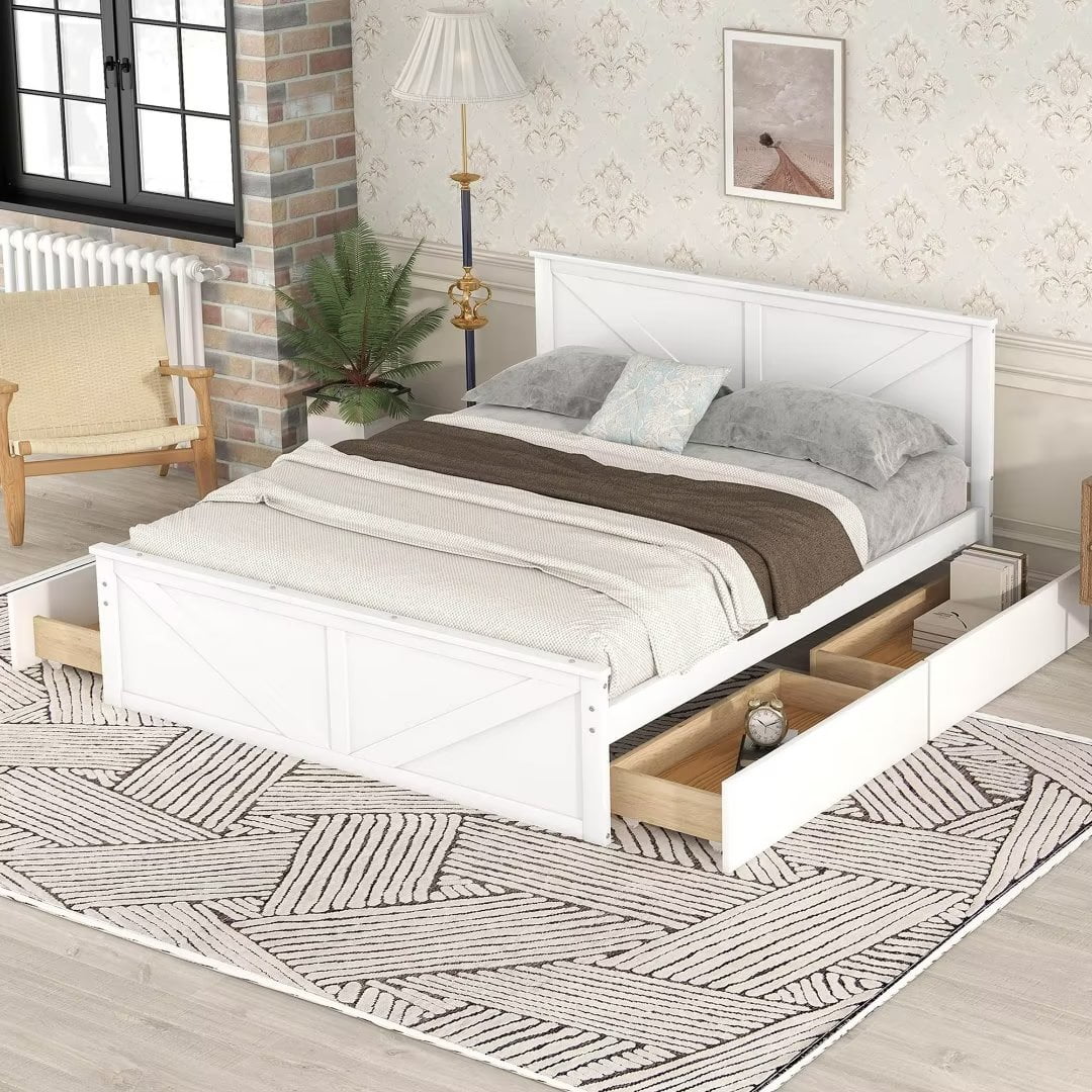 Queen Size White Wooden Platform Bed with 4 Storage Drawers T9900