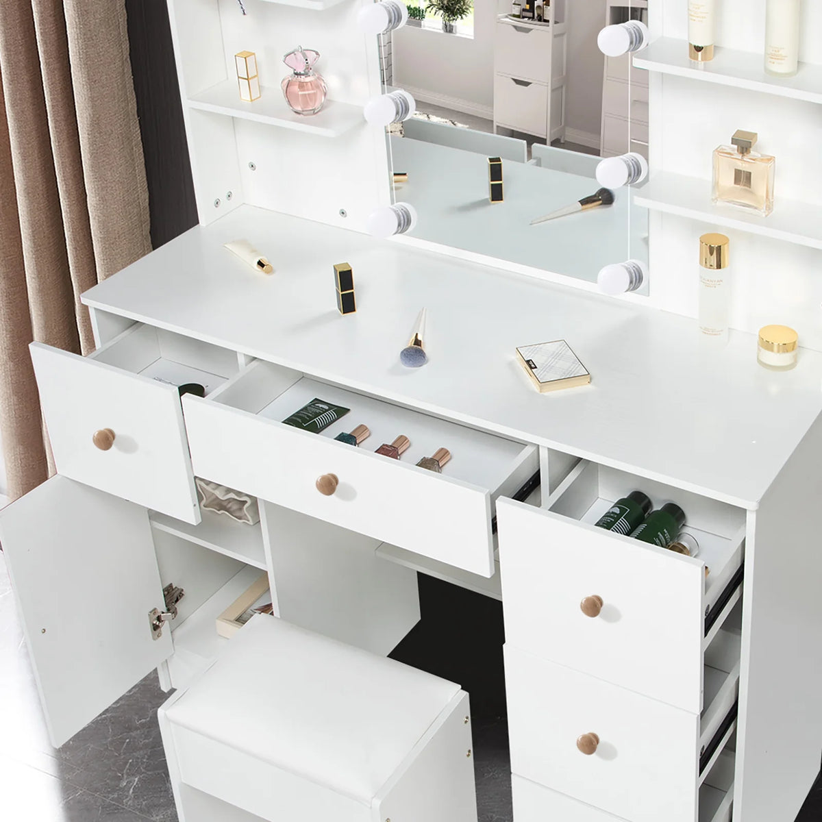 White Vanity Set with Mirror and Lights W786