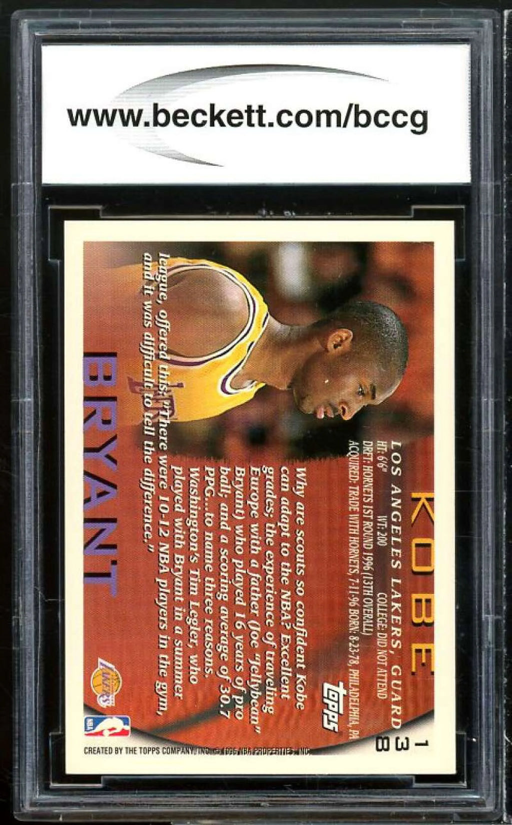 1996-97 Topps #138 Kobe Bryant Rookie Card BGS BCCG 9 Near Mint+ O723