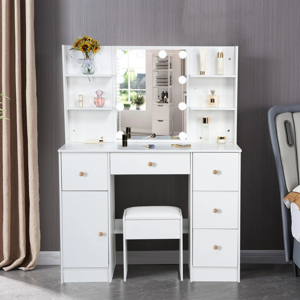 White Vanity Set with Mirror and Lights W786