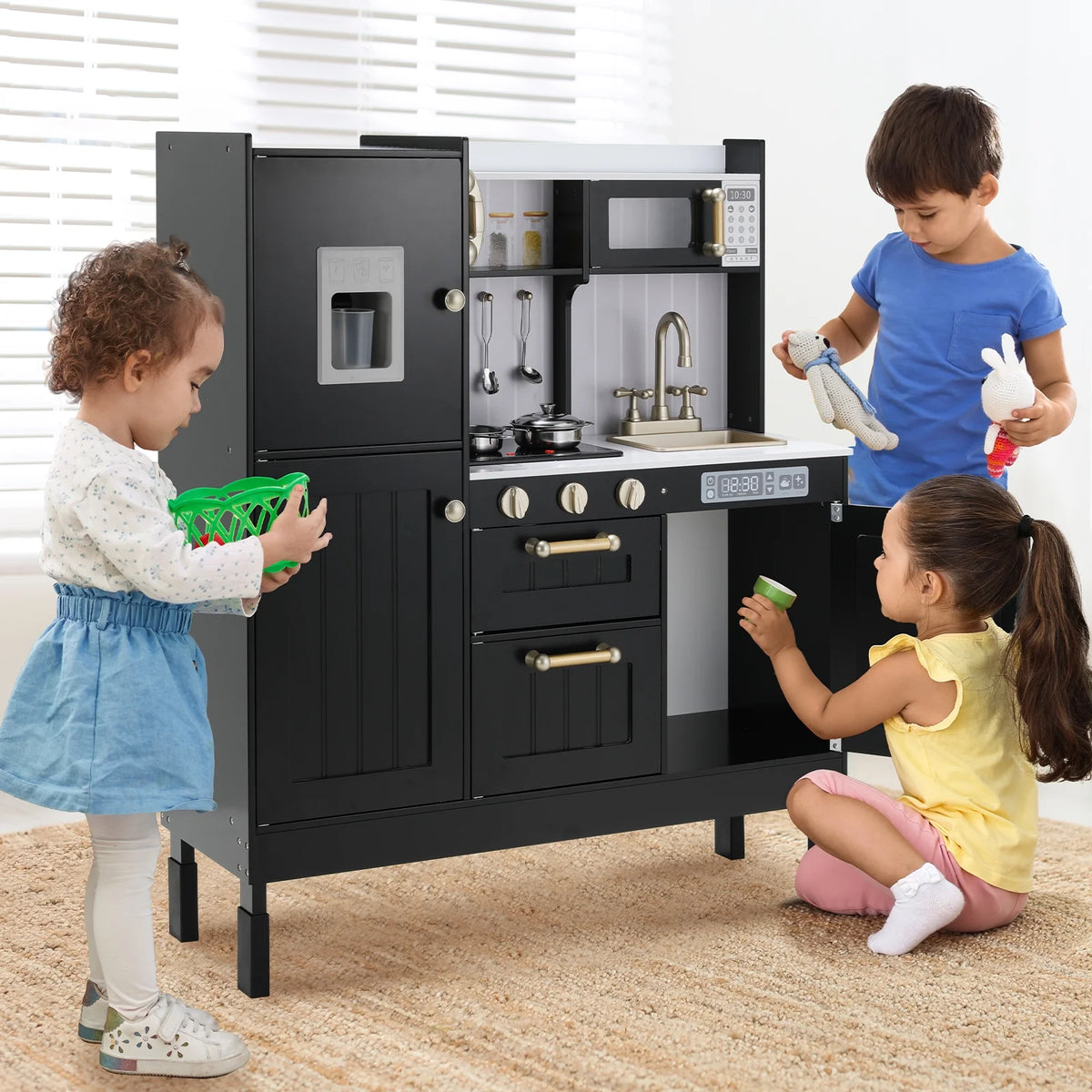 Wooden Pretend Play Kitchen with Telephone, Sink, Cooking Accessories J1911