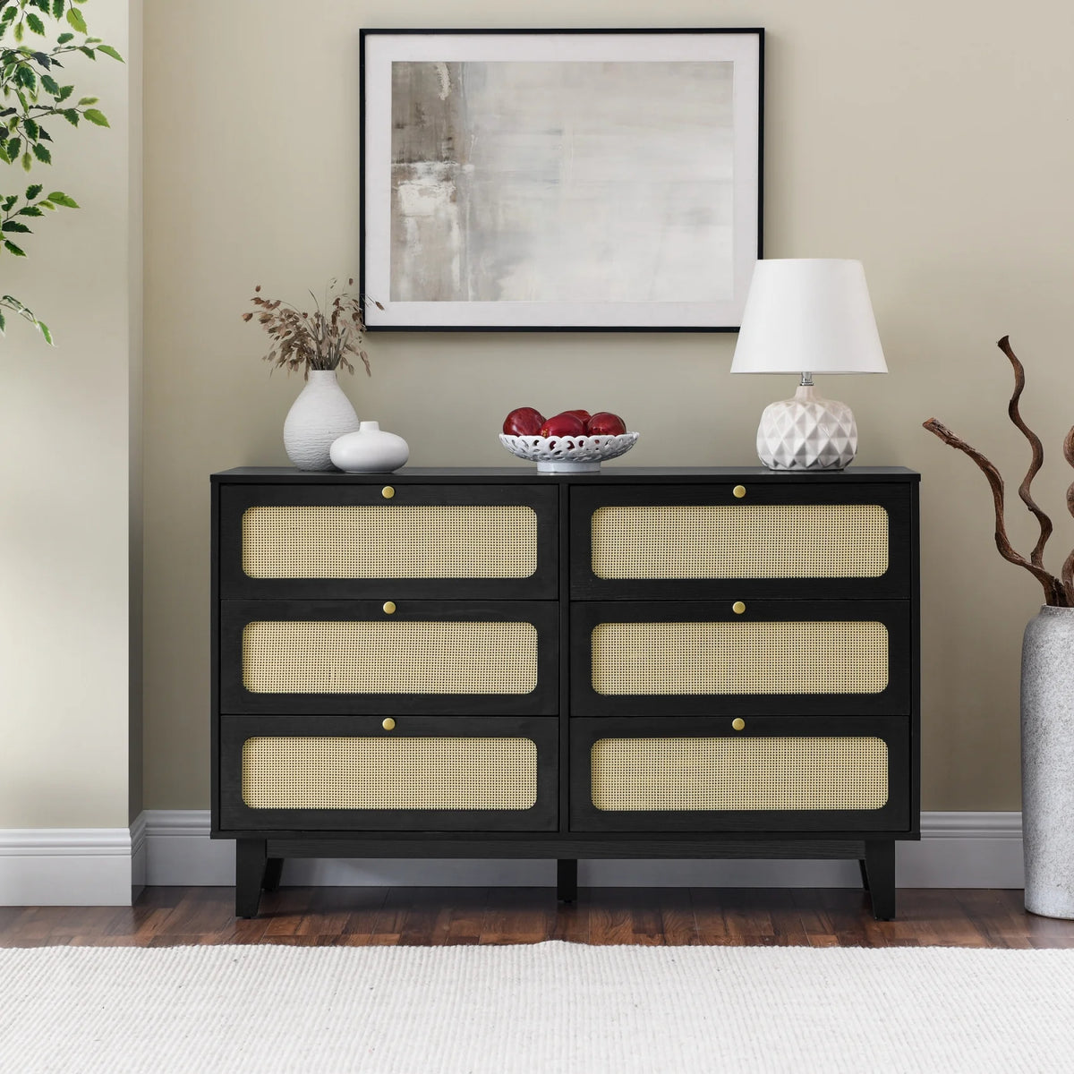 6 Drawer Wooden Dresser with Rattan Drawers D28475