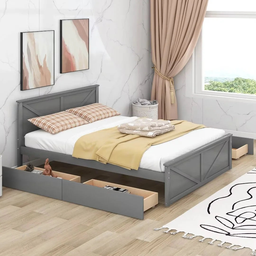 Queen Size White Wooden Platform Bed with 4 Storage Drawers T9900
