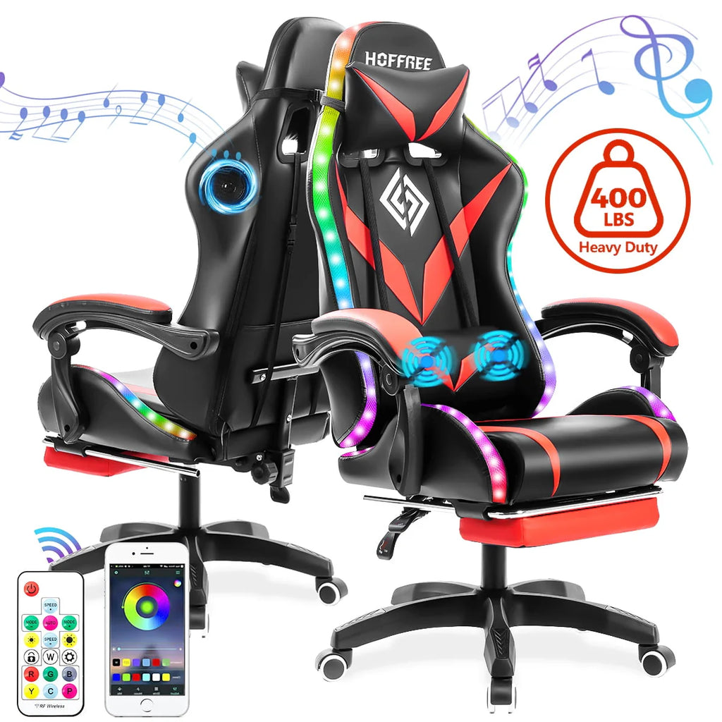 Gaming Chair with Speakers PU Leather Footrest LED Lights I919
