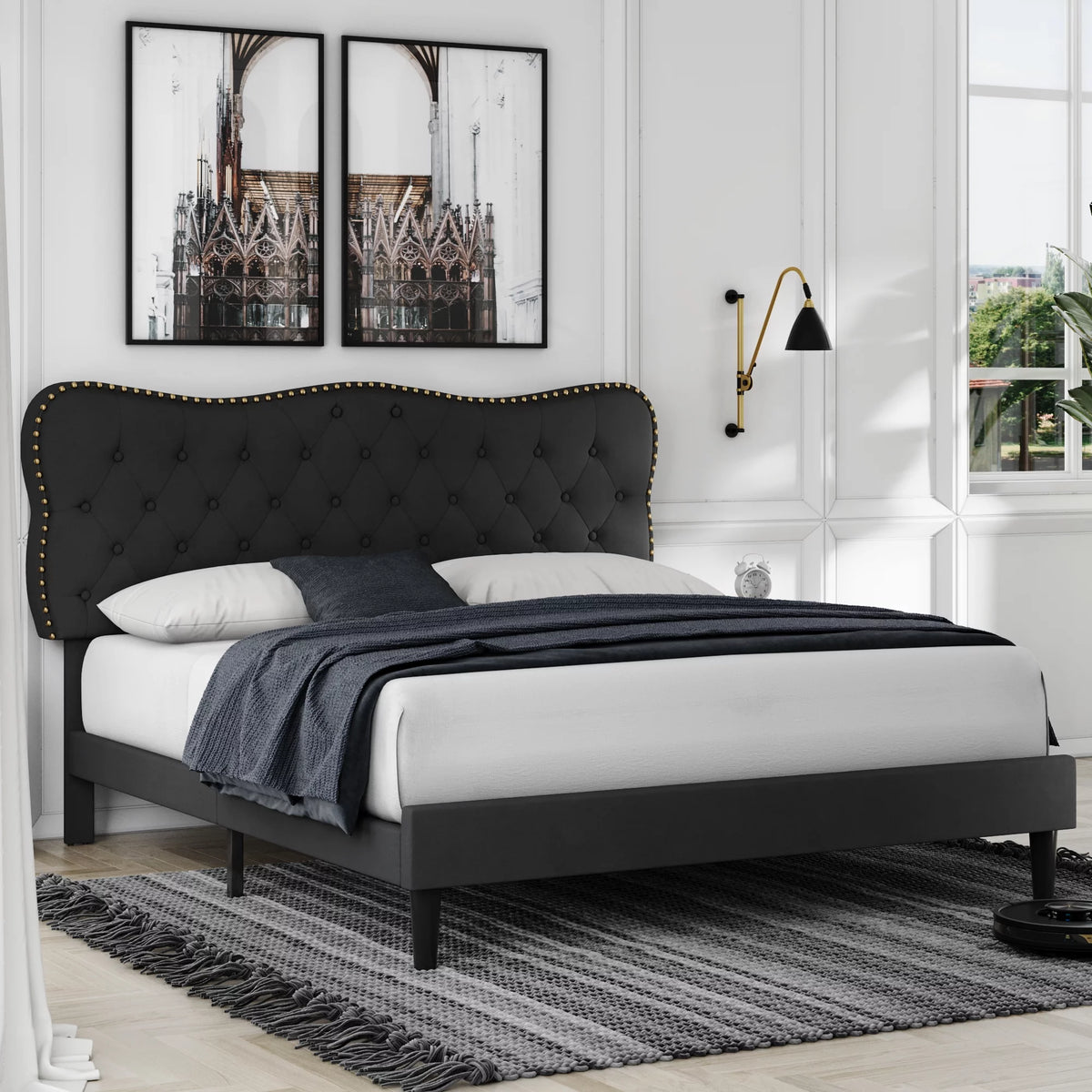 Queen Size Black Linen Upholstered Platform Bed with Adjustable Headboard L55702