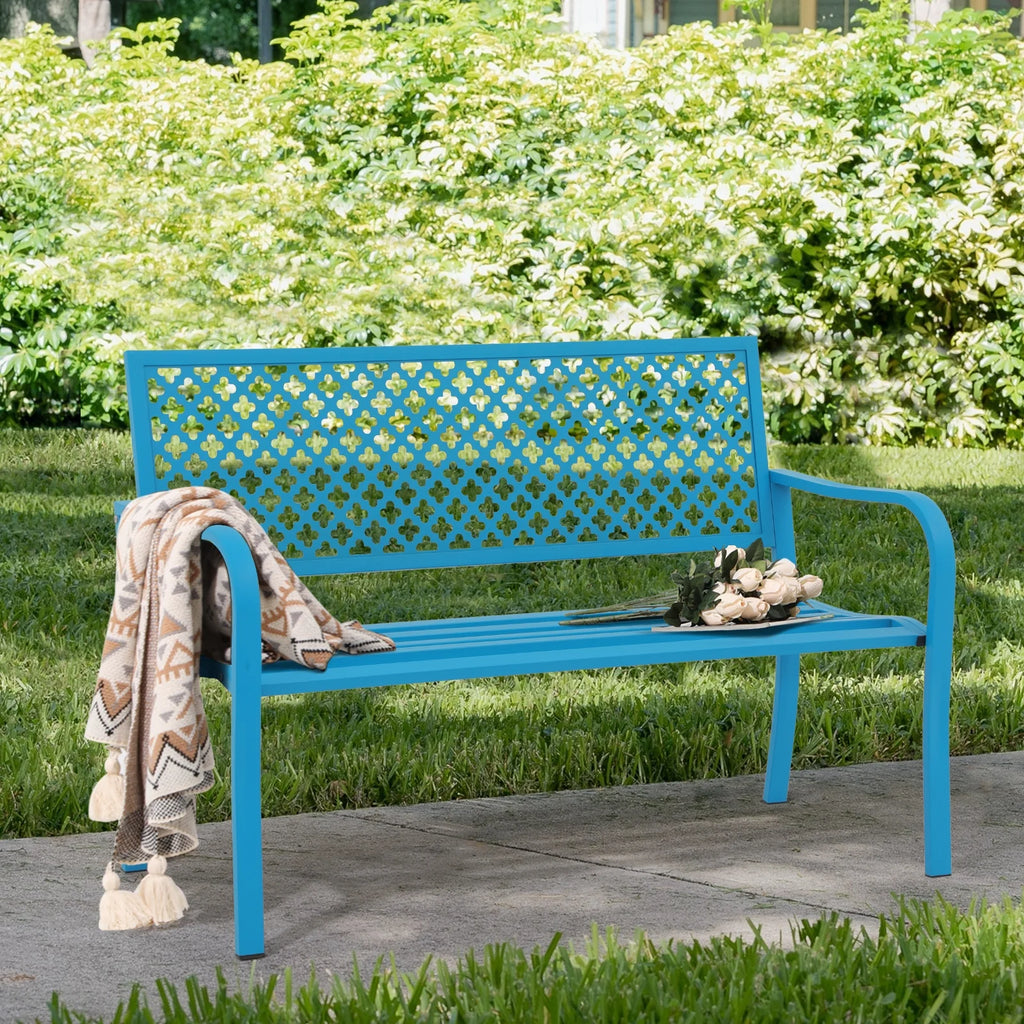 50in Blue Metal Outdoor Garden Bench with Armrest C17547