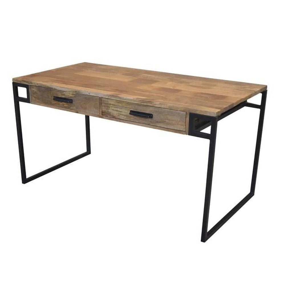 Brown 2-Drawer Solid Wood Writing Desk with Iron Legs L39892