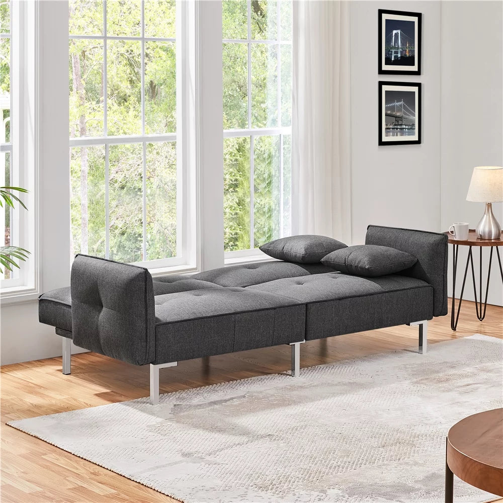 Black Fabric Covered Futon Sofa Bed with Adjustable Backrest A29578