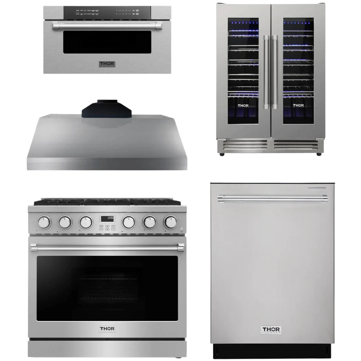 36 Gas Range, Range Hood, Dishwasher, Microwave and Wine Cooler T90256