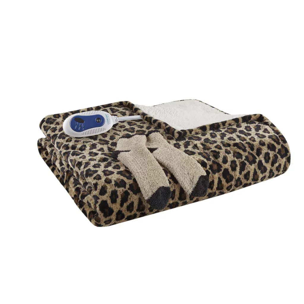Sherpa Electric Throw Wrap with Sock Set Heated Wearable Blanket Reversible Animal Print 50"x64" A2541