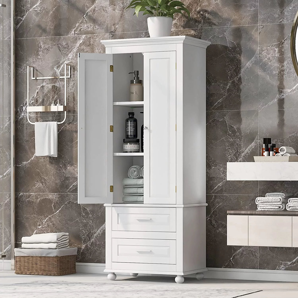 White Storage Cabinet with Doors and 2 Drawers N169