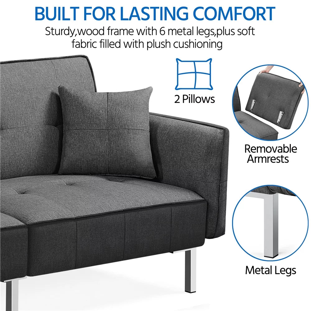 Black Fabric Covered Futon Sofa Bed with Adjustable Backrest A29578