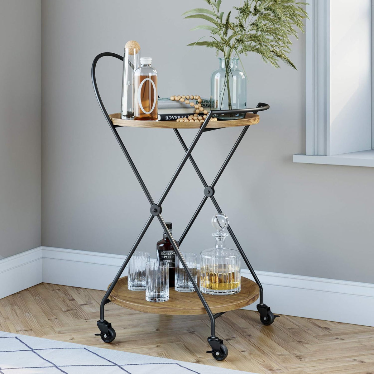 Rolling Bar Tea or Cocktail 2-Tiered Serving Cart Metal Frame Oak Wood Shelf Q109