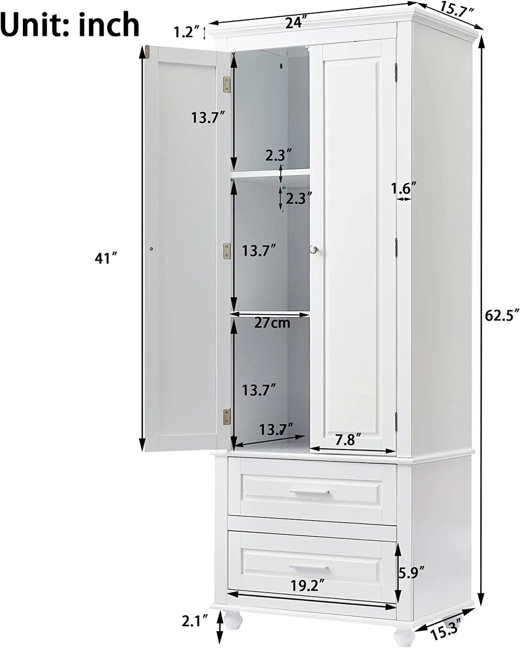 White Storage Cabinet with Doors and 2 Drawers N169