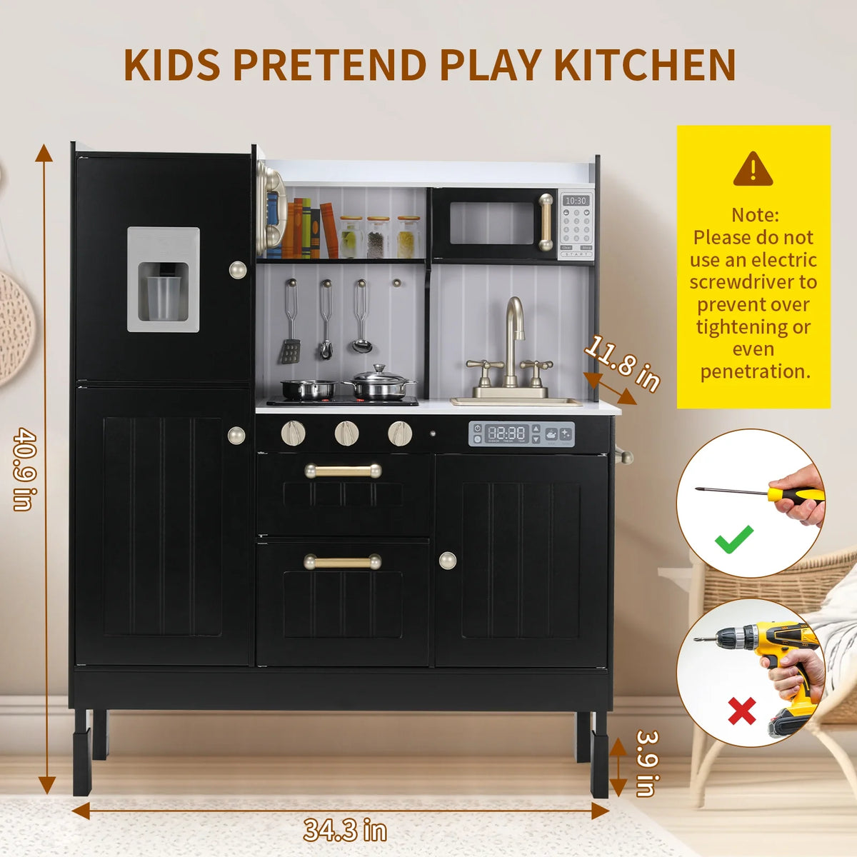 Wooden Pretend Play Kitchen with Telephone, Sink, Cooking Accessories J1911