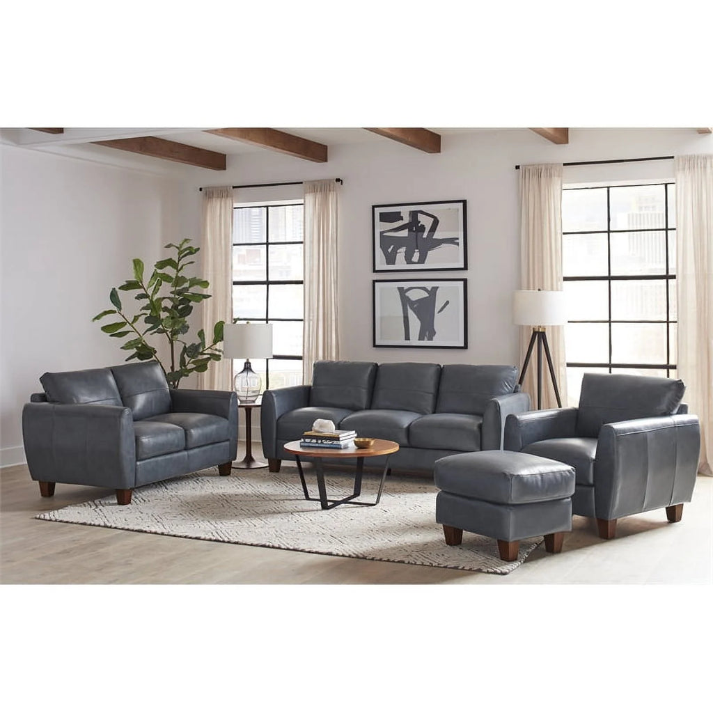 Blue Leather & Hardwood Sofa S150541