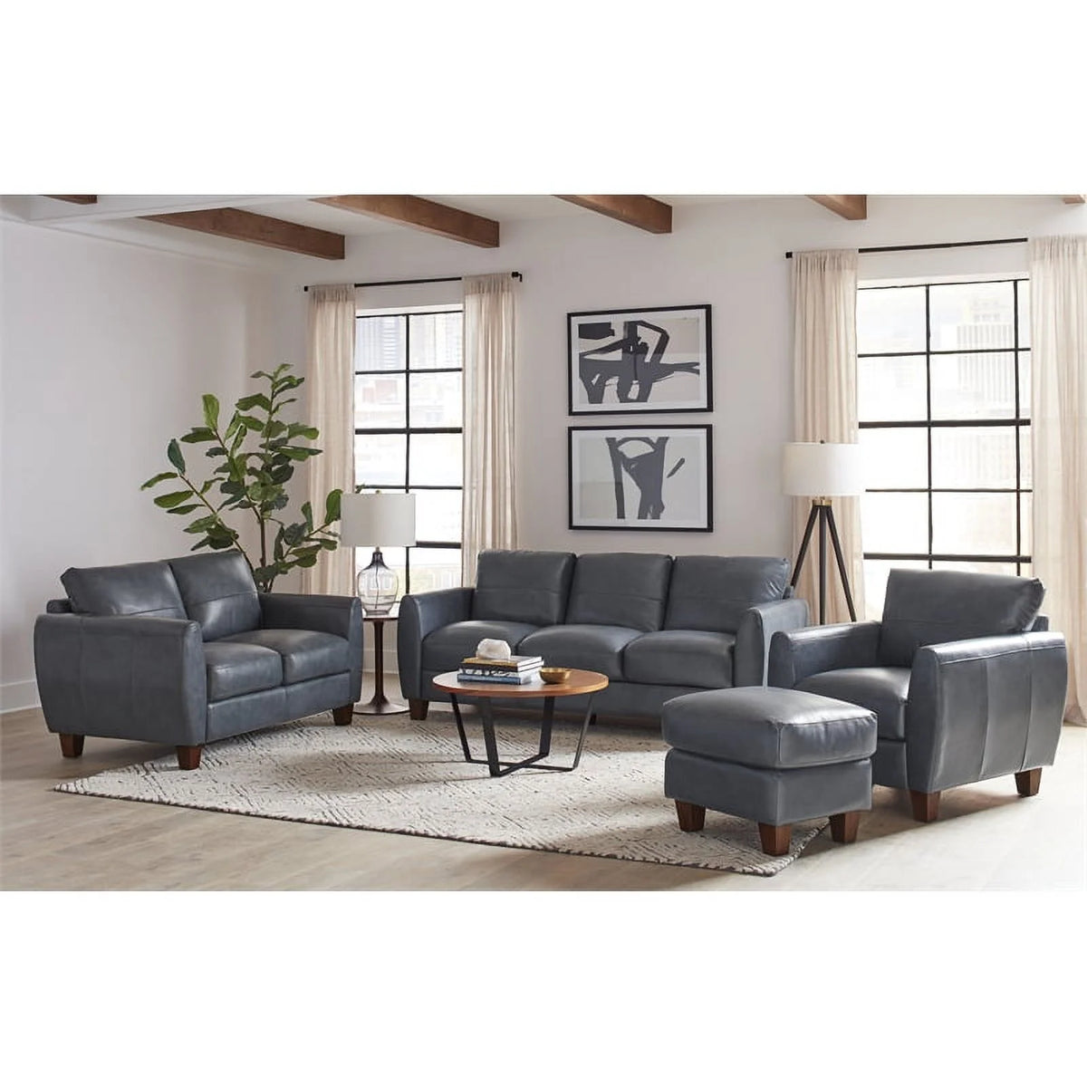 Blue Leather & Hardwood Sofa S150541