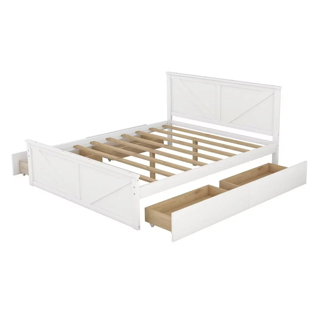 Queen Size White Wooden Platform Bed with 4 Storage Drawers T9900