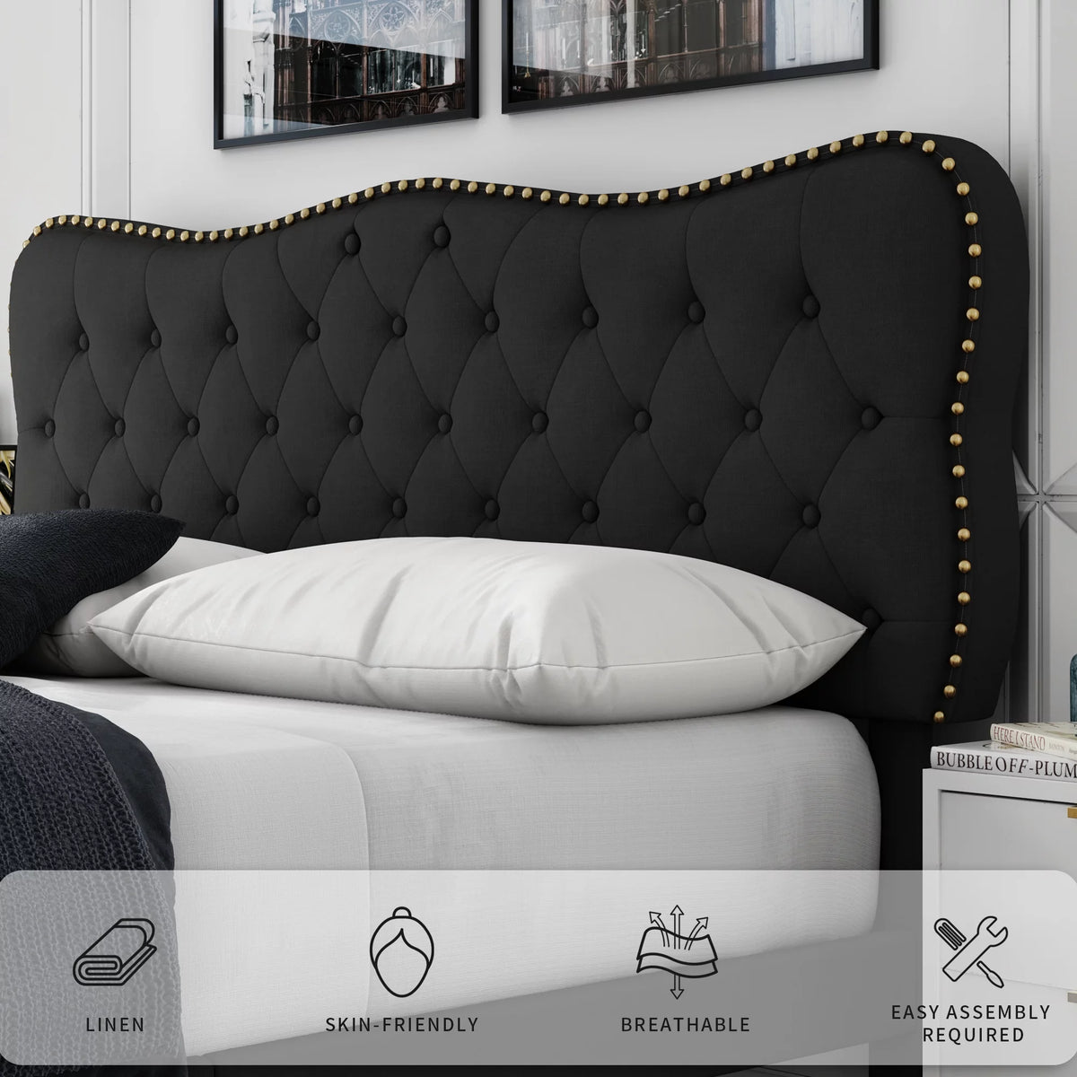 Queen Size Black Linen Upholstered Platform Bed with Adjustable Headboard L55702