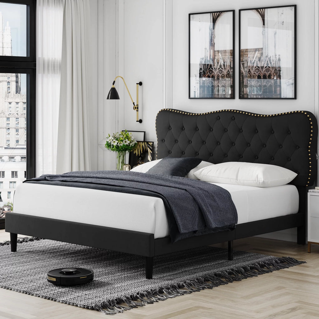 Queen Size Black Linen Upholstered Platform Bed with Adjustable Headboard L55702