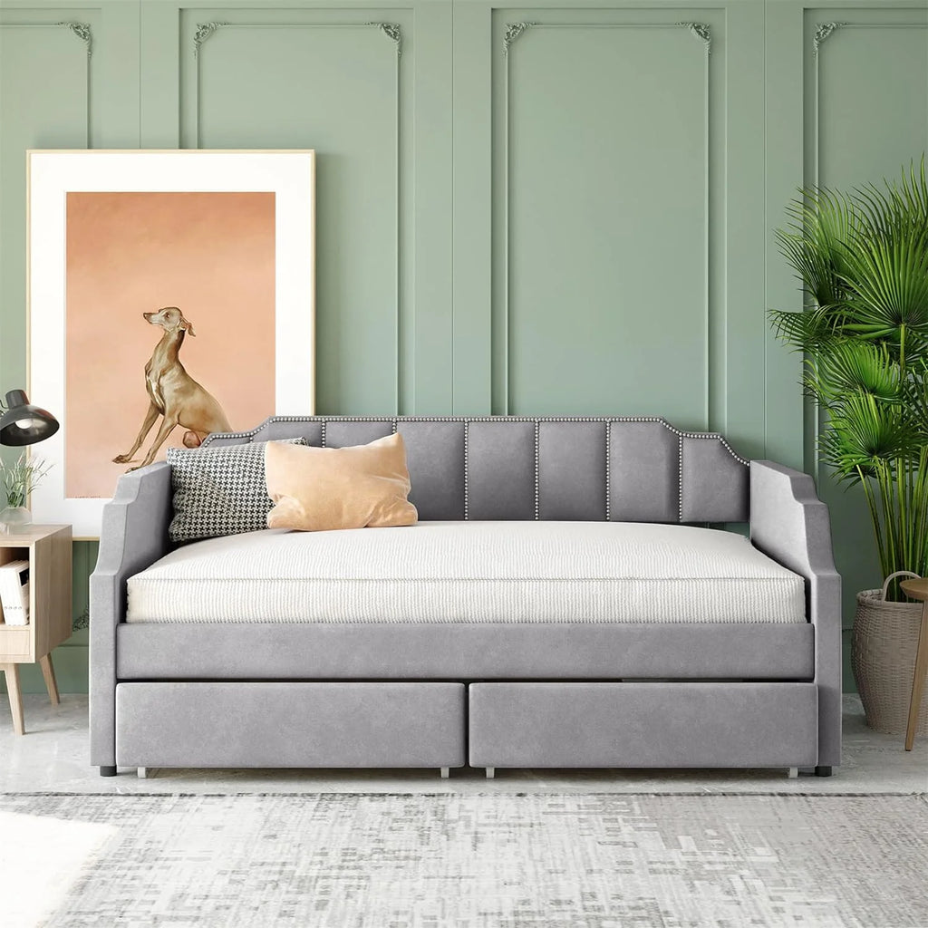 Light Gray Velvet Upholstered Daybed with Storage Drawers H3711
