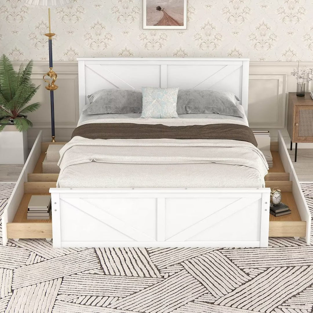 Queen Size White Wooden Platform Bed with 4 Storage Drawers T9900
