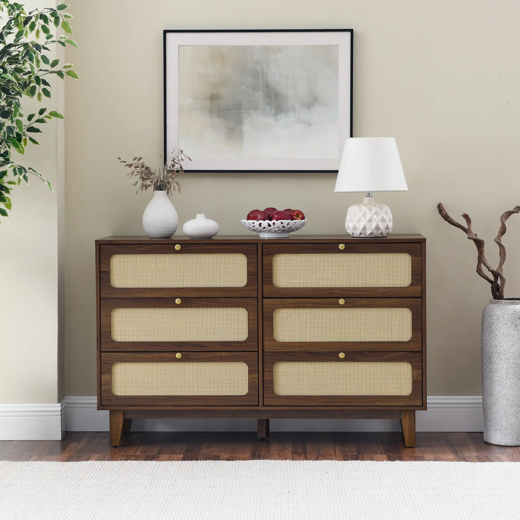 6 Drawer Wooden Dresser with Rattan Drawers D28475
