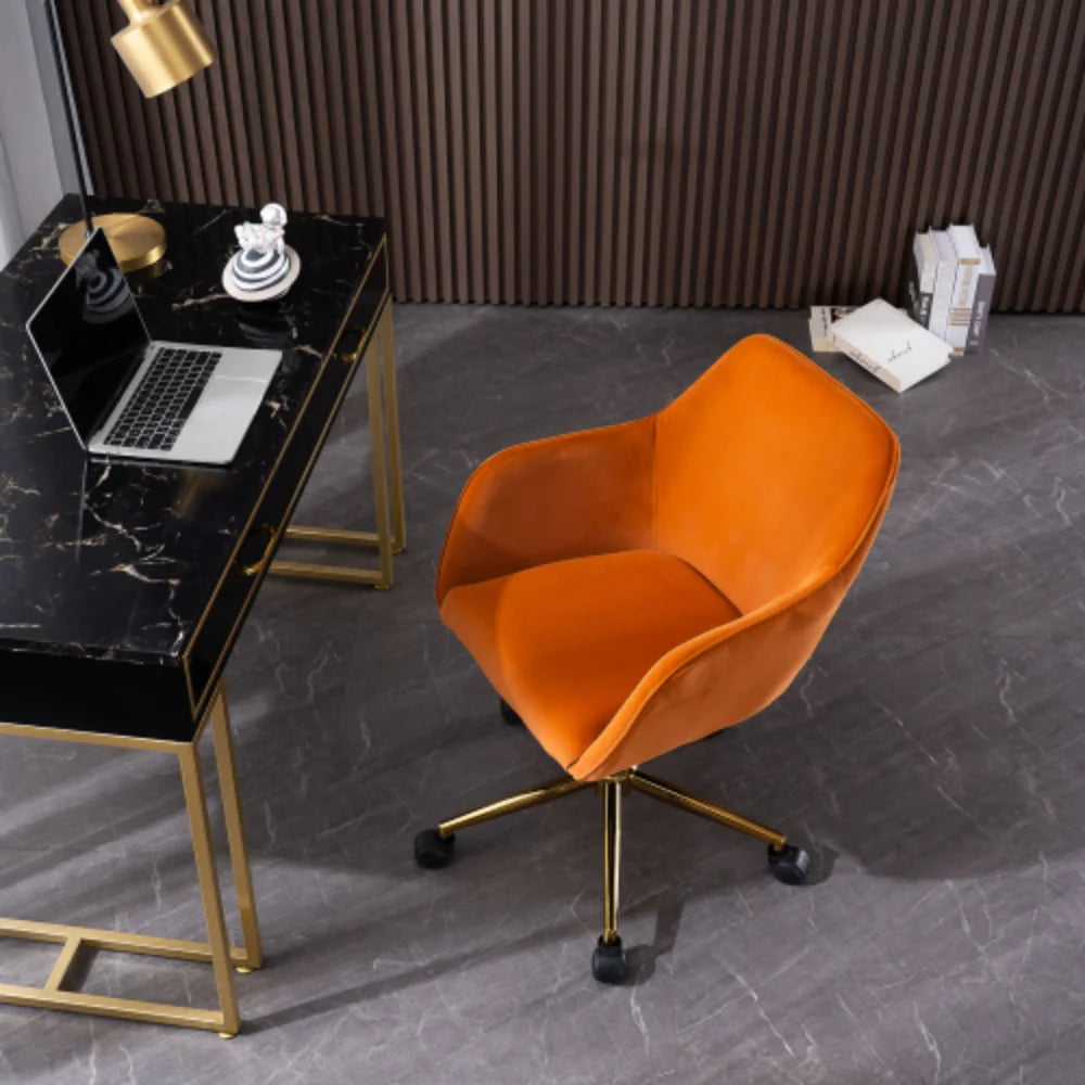Orange Velvet Adjustable Height Office Chair with Gold Metal Legs and Wheels G10499