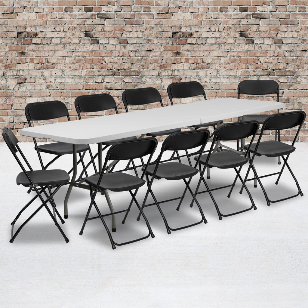 8' Bi-Fold Granite White Plastic Folding Table Set with 10 Folding Chairs E9145