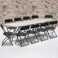 8' Bi-Fold Granite White Plastic Folding Table Set with 10 Folding Chairs E9145