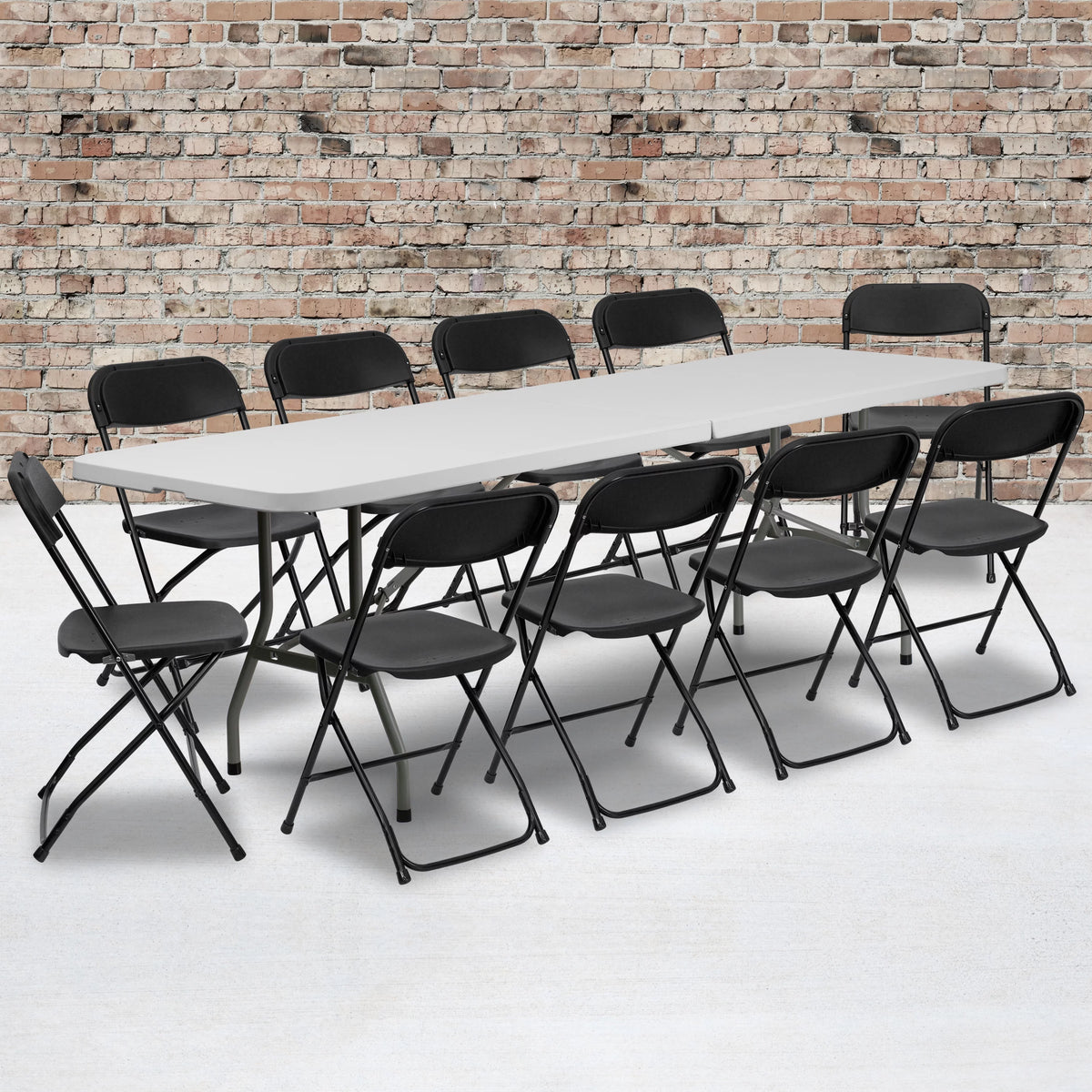 8' Bi-Fold Granite White Plastic Folding Table Set with 10 Folding Chairs E9145